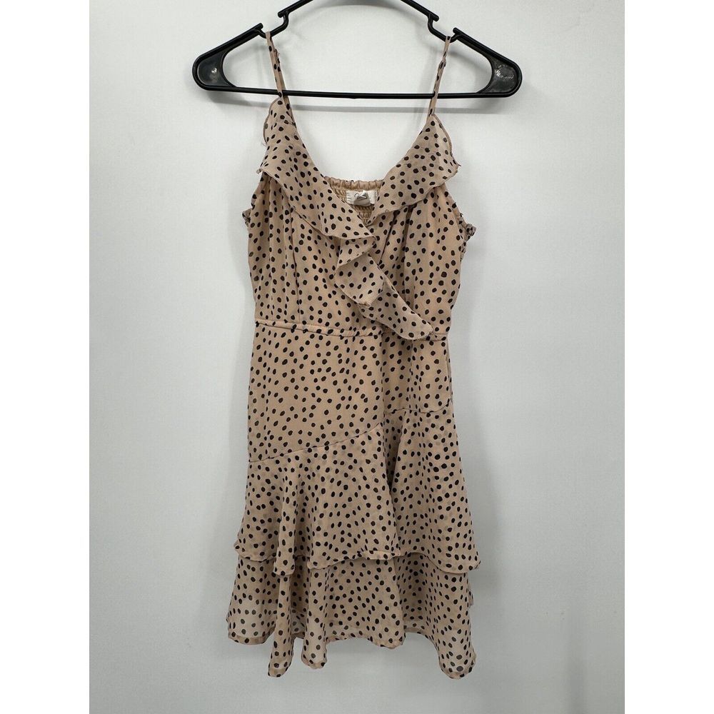 JAPNA‎ Size M Polka Dot Ruffle Tiered Mini Dress Womens Tan Black Smocked Back